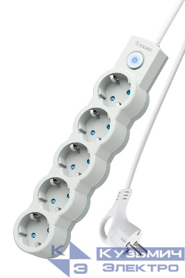 Удлинитель 5х5м с заземл. 10А IP20 2200Вт 220В защ. шторки ПВС 3х1 с выкл. бел. КОСМОС YKsm5m-5g-Z-V10A-W