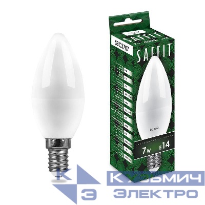 Лампа светодиодная SBC3707 7Вт C37 свеча 6400К E14 230В SAFFIT 55169