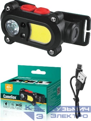 Фонарь аккумуляторный налобный 3.7В карбон 2 LED 3Вт 15 режимов сенсор MicroUSB бокс LED53418 Camelion 15746