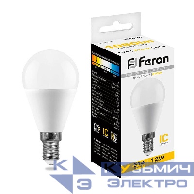 Лампа светодиодная LB-950 13Вт G45 шар 2700К E14 230В FERON 38101