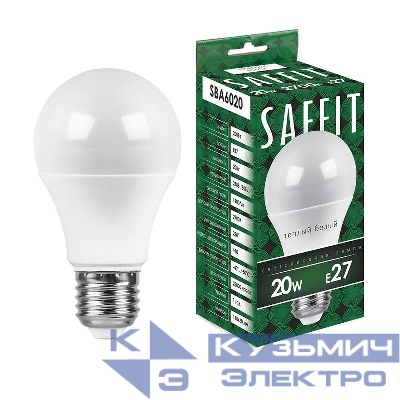 Лампа светодиодная SBA6020 20Вт A60 грушевидная 2700К E27 230В SAFFIT 55013