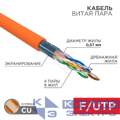 Кабель витая пара F/UTP кат.6 4х2х23AWG solid ZH нг(А)-HF INDOOR медь оранж. (305м) (м) Rexant 01-0151