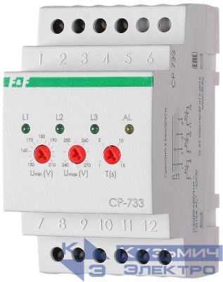 Реле напряжения CP-733 (трехфазное; контроль нижнего (150-210В) и верхнего (240-270В) порога напряжения; отдельный контакт на каждую фазу; монтаж на DIN-рейке 35мм 3х400/230 N 3х8А 3х1Z IP20) F&F EA04.009.006