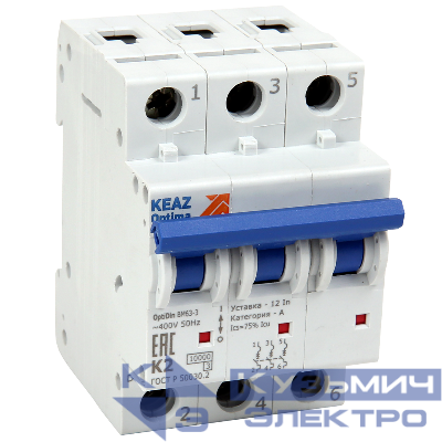 Выключатель автоматический модульный 3п L 3А 10кА OptiDin BM63-3L3-10-УХЛ3 КЭАЗ 262803