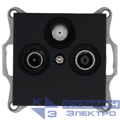 Розетка телевизионная проходная TV + FM + SAT 3-м Ф9.5мм механизм черн. матов. soft touch Jasmart G6207PB