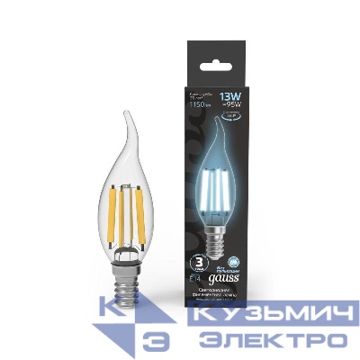 Лампа светодиодная филаментная Black Filament 13Вт свеча на ветру 4100К нейтр. бел. E14 1150лм GAUSS 104801213
