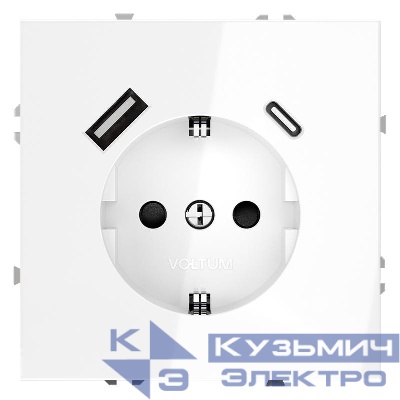 Розетка 1-м СП S70 16А с USB тип A+С механизм с заземл. защ. шторки бел. глянцевый Voltum VLS040501