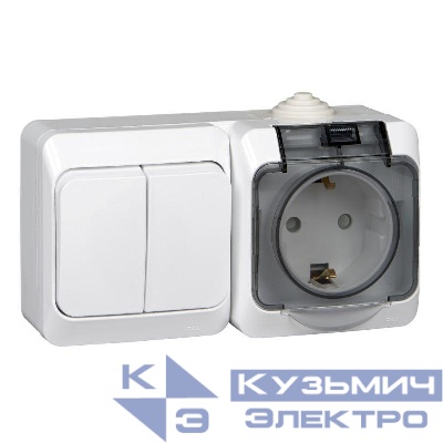 Блок ОП Этюд (1-м розетка 16А 250В евростандарт с заземл. защ. шторки + 2-кл. выкл.) IP44 бел. SE BPA16-242B