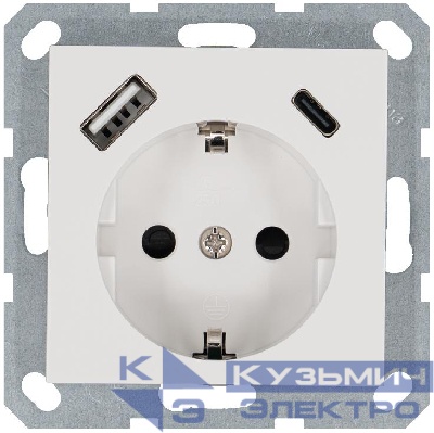 Розетка Shuko 16А с заземл. защ. шторки с 2-мя заряд. устройствами USB тип A+C 25Вт механизм бел. глянцевый Jasmart G5501USB-25W