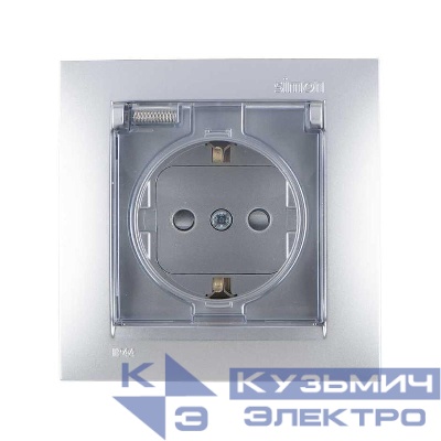 Розетка 1-м СП Simon15 с защ. крышкой защ. шторки с заземл. IP44 алюм. Simon 1590450-033