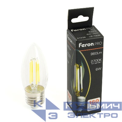 Лампа светодиодная LB-1206 6Вт C35 свеча прозрачная 2700К E27 960лм 175-265В FERON 51238