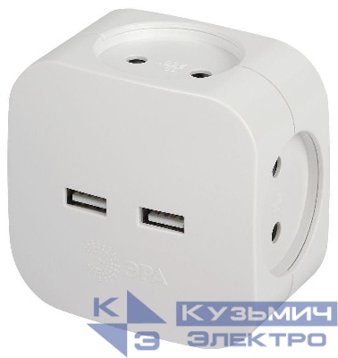 Разветвитель электрический SP-4-USB-W на 4 розетки 220В+ 2xUSB 2400мА без заземл 10А бел. Эра Б0049532