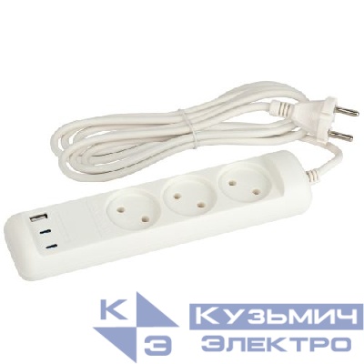 Удлинитель электрический U-3-3m-USB-W 3 розетки + 3xUSB A+C 3м 10А бел. Эра Б0069076
