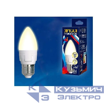 Лампа светодиодная LED-C37 7W/WW/E27/FR PLP01WH Яркая 7Вт свеча матовая 3000К тепл. бел. E27 (упак. картон) Uniel UL-00002414