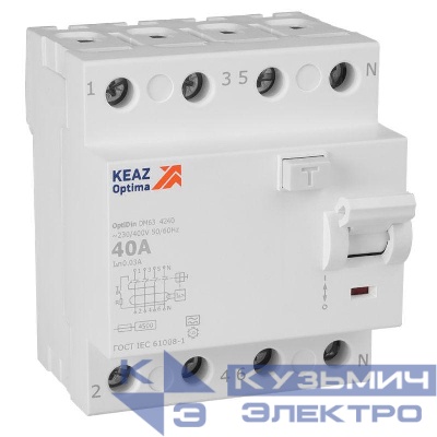 Выключатель дифференциального тока (УЗО) 4п 40А 30мА тип A 4.5кА OptiDin DM63-4240 УХЛ4 КЭАЗ 343916