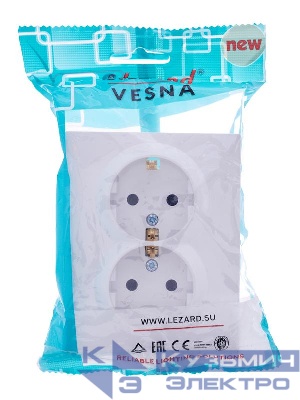 Розетка 2-м СП VESNA с заземл. со шторками ПБТ бел. LEZARD 742-0200-178B