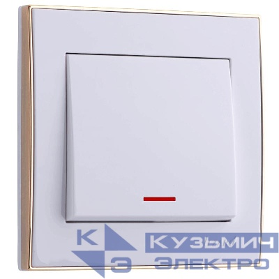 Выключатель 1-кл. СП Rain 10А IP20 с подсветкой с зол. боковой вставкой бел. LEZARD 703-0226-111