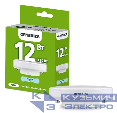 Лампа светодиодная T80 12Вт таблетка 6500К GX53 230В GENERICA LL-T80-12-230-65-GX53-G