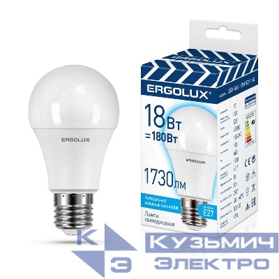 Лампа светодиодная LED-A60-18W-E27-4K замена ЛОН 18Вт Е27 4500К 172-265В ПРОМО Ergolux 15558