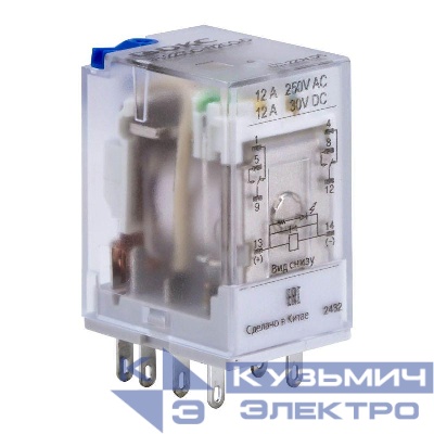 Реле миниатюрное промышленное общего назначения с норм. срабатыванием 0.6UN 2CO ком. ток 12А AgSnO2 напряжение 220В DC опция: тест-кнопка+светодиод+защитный диод DKC IR-220DC-W2CO-D