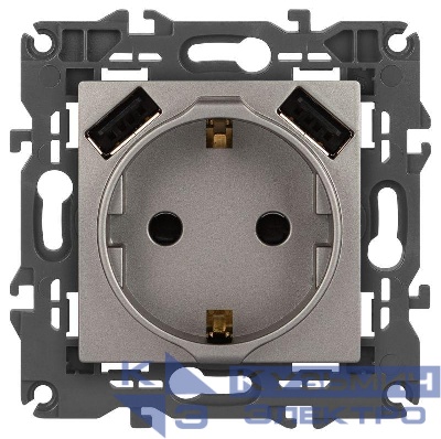 Розетка Elegance 14-4109-16 16A 250В 2P+E защ. штор. с 2xUSB 3А 5В титан Эра Б0065775