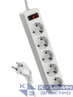 Удлинитель с сетевым фильтром 5х1.8м с заземл. 10А IP20 2.2кВт ПВС 3х0.75 с выкл. с индикатором сети бел. КОСМОС FKsm1.8m-5g(W)