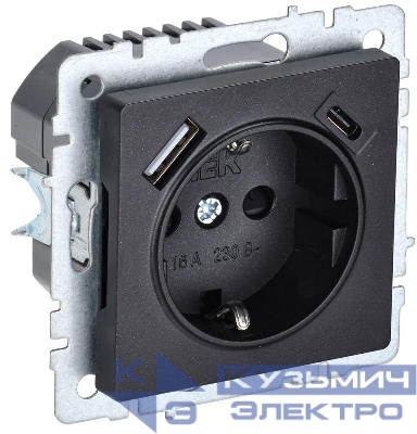 Розетка BRITE РЮш11-1-БрЧ 16А с USB A+C 18Вт с заземл. защ. шторки механизм черн. IEK BR-R14-16-U22-018-K02