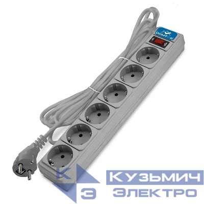 Удлинитель с сетевым фильтром 6х1.8м с заземл 10А IP20 2.2кВт ПВС 3х1 с выкл. сер. DOMTOK 2518