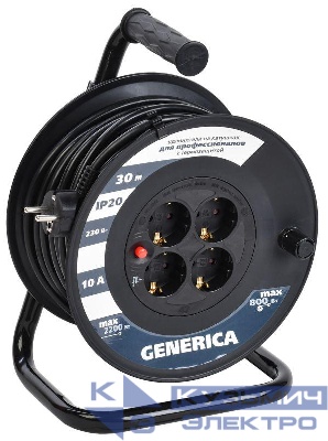 Удлинитель на катушке 4х30м 10А IP20 УК30 2P+PE 3х1 термозащита GENERICA WKP10-10-04-30-G