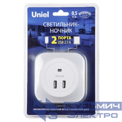 Светильник ночник DTL-321 White/Sensor/2USB с фотосенсором (день-ночь) 2USB бел. Uniel UL-00007348