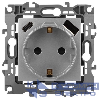 Розетка Эра12 12-4108-03 16А 250В 2P+E с USB type-A+C 5В-3А защ. шторки алюм. Эра Б0067716
