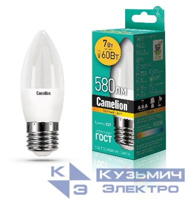 Лампа светодиодная LED7-C35/830/E27 7Вт свеча 3000К тепл. бел. E27 530лм 220В Camelion 12077