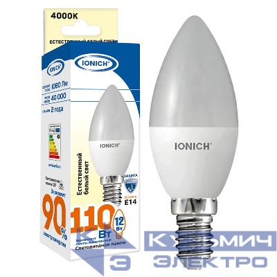 Лампа светодиодная C37 12Вт свеча 4000К E14 230В IONICH 1640