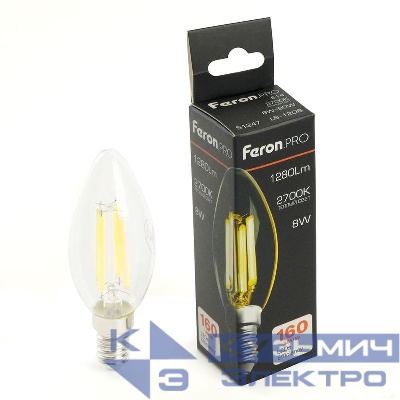 Лампа светодиодная LB-1208 8Вт C35 свеча прозрачная 2700К E14 1280лм 175-265В FERON 51247