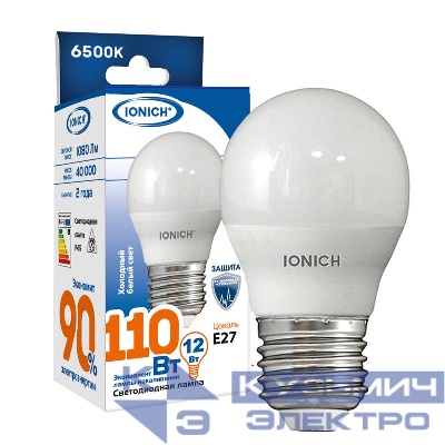 Лампа светодиодная G45 12Вт шар 6500К E27 1080лм 230В IONICH 1629