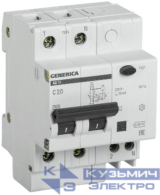 Выключатель автоматический дифференциального тока 2п 20А 30мА АД12 GENERICA MAD15-2-020-C-030