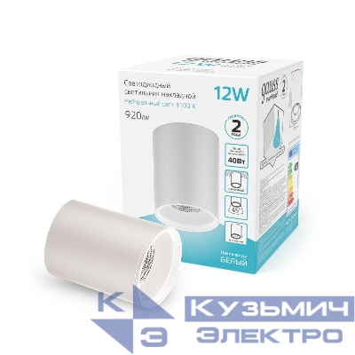 Светильник светодиодный Overhead 12Вт 4100К IP20 920лм 170-240В ДПО цилиндр накладной бел. GAUSS HD011