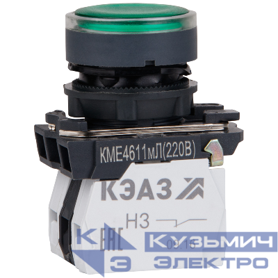 Кнопка КМЕ4622мЛ-24В-зеленый-2но+2нз-цилиндр-индикатор-IP65 КЭАЗ 274304