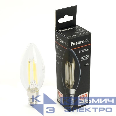 Лампа светодиодная LB-1208 8Вт C35 свеча прозрачная 4000К E14 1300лм 175-265В FERON 51248
