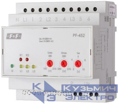 Переключатель фаз PF-452 (два выхода для питания нагрузки; с регулируемыми верхними (230-260) и нижними (150-210) значениями напряжения переключения; монтаж на DIN-рейке 35мм 3х400/230+N 6х16A IP20) F&F EA04.005.004