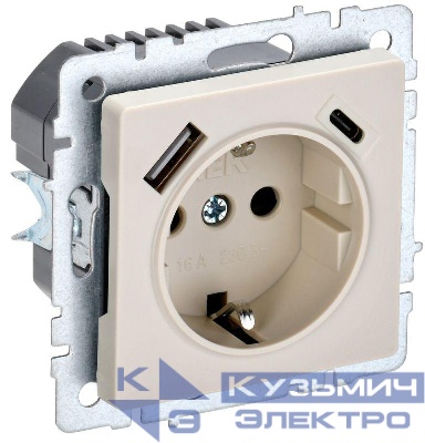 Розетка BRITE РЮш11-1-БрКр 16А с USB A+C 18Вт с заземл. защ. шторки механизм беж. IEK BR-R14-16-U22-018-K10