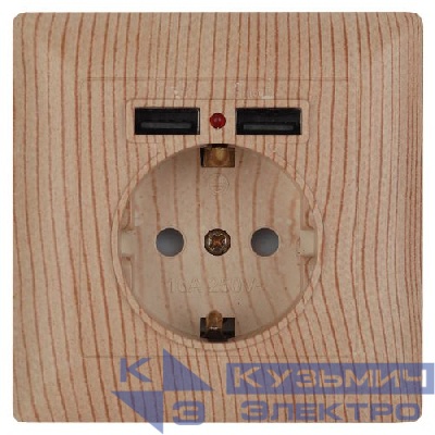 Розетка 1-м СП Solo 4-410-11 P+E Schuko 16А 250В + 2хUSB IP20 с заземл. защ. шторки сосна Intro Б0053720