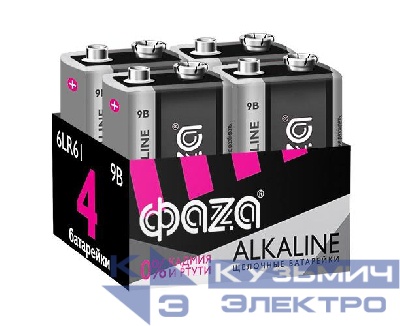 Элемент питания алкалиновый "крона" 6LR61 9В Alkaline Pack-4 (уп.4шт) ФАZА 5030602