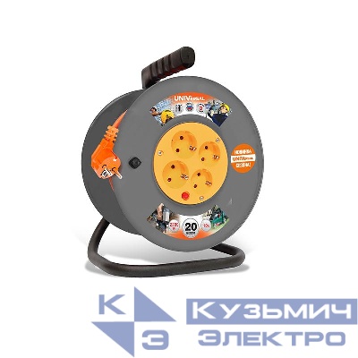 Удлинитель на катушке 4х20м с заземл. 6А IP20 ВЕМ-250 ПВС 3х0.75 термозащита защ. шторки UNIVersal 1679