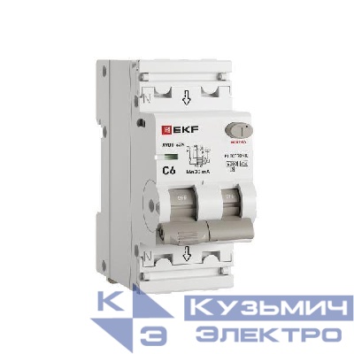 Выключатель автоматический дифференциального тока 2п (1P+N) C 6А 30мА тип A 6кА АВДТ-63N (электрон.) PROxima EKF D63N26EA6C30