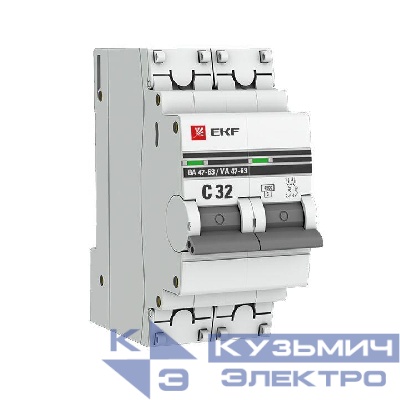Выключатель автоматический модульный 2п C 32А 4.5кА ВА 47-63 PROxima EKF mcb4763-2-32C-pro