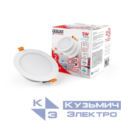 Светильник светодиодный Elementary 5Вт 4000К IP20 300лм 170-260В ДВО круг бел. (уп.3шт) GAUSS 9100420205T