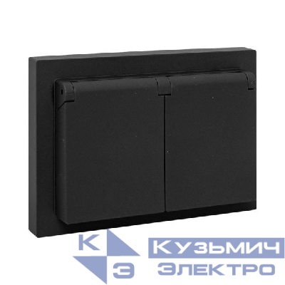 Розетка 2-м СП Эпика 16А IP44 с заземл. защ. шторки с рамкой с крышками механизм черн. EKF UP1-SOB-211-44