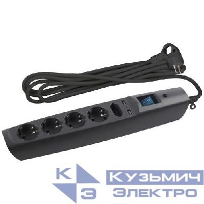 Удлинитель с сетевым фильтром 5х2м с заземл. 10А IP20 U-5es-2m-B 2хUSB ПВС 3х0.75 с выкл. защ. шторки черн. Эра C0043326