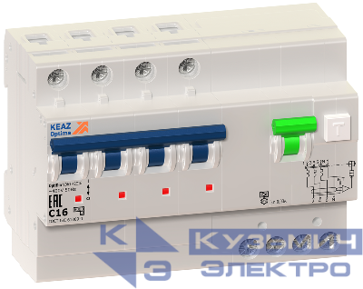 Выключатель автоматический дифференциального тока 4п C 16А 30мА тип A 10кА OptiDin VD63 УХЛ4 КЭАЗ 350290